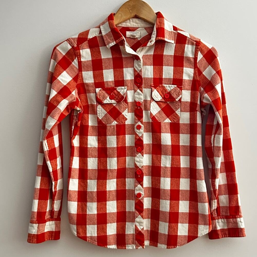 Land's End canvas women's extra smalll plaid orange and cream shirt 100% cotton